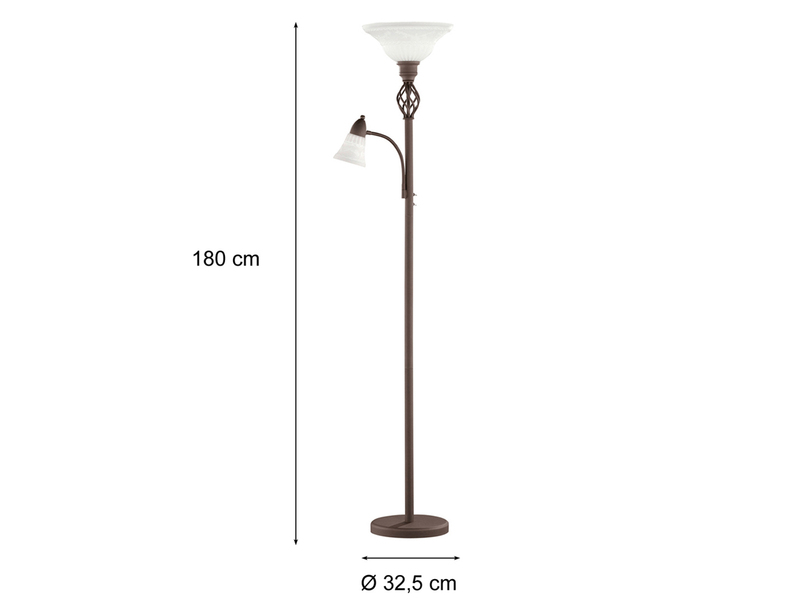 Deckenfluter mit Leselampe Rostoptik, Glasschirm Weiß inkl. LEDs, Höhe 180cm