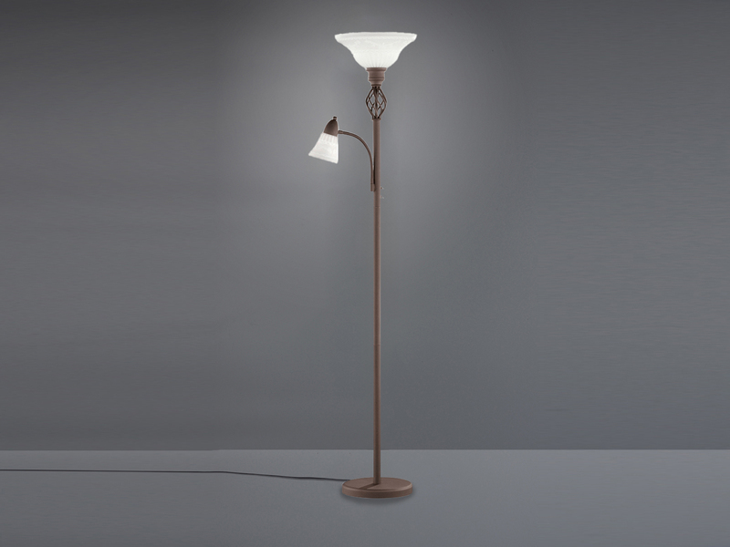 Deckenfluter mit Leselampe Rostoptik, Glasschirm Weiß inkl. LEDs, Höhe 180cm