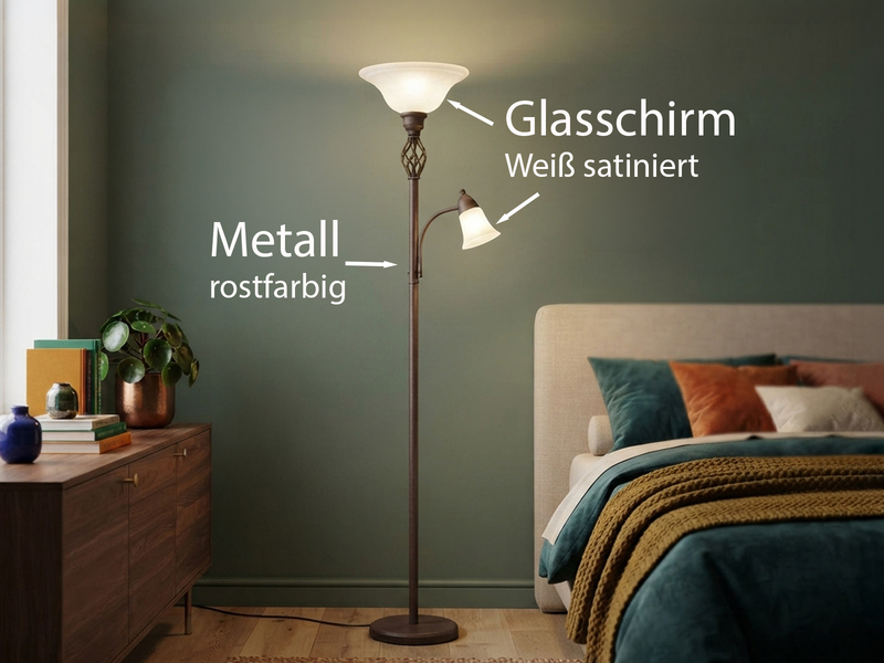 Deckenfluter mit Leselampe Rostoptik, Glasschirm Weiß inkl. LEDs, Höhe 180cm