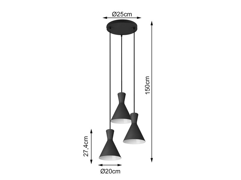 Pendelleuchte ENZO 3 flammig Industrial Style Metallschirme Schwarz Ø20cm