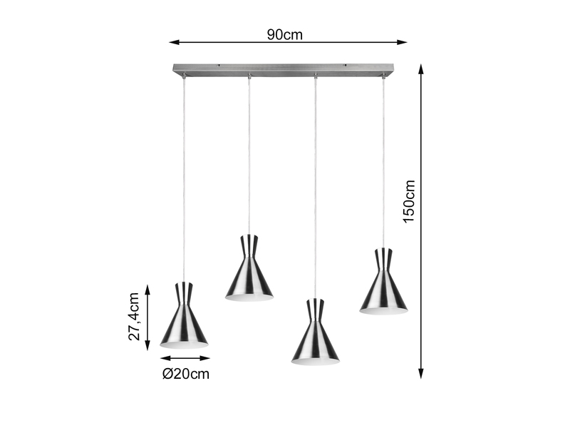 LED Pendelleuchte 4 flammig dimmbar Metallschirme Silber Ø20cm, 90cm breit