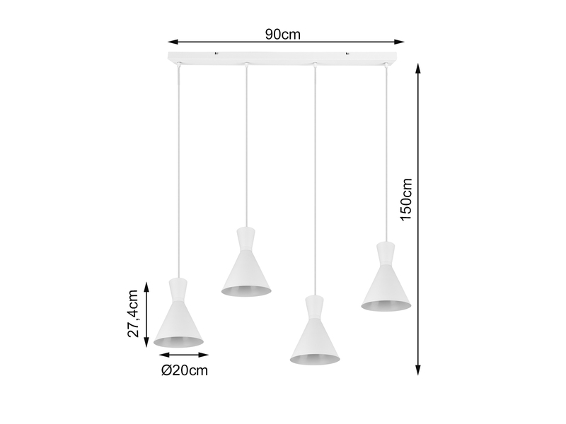 LED Pendelleuchte 4 flammig Metall Lampenschirme Weiß, 90cm breit