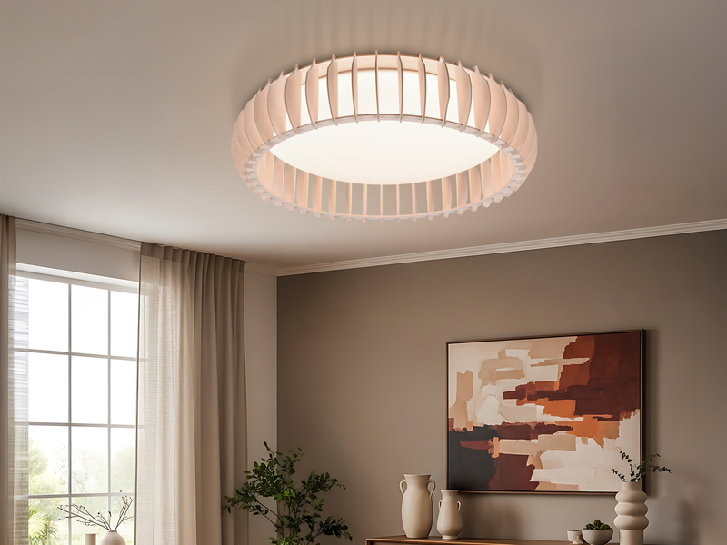 Große LED Deckenleuchte MONTE mit Naturholzlamellen & Fernbedienung, Ø 60cm