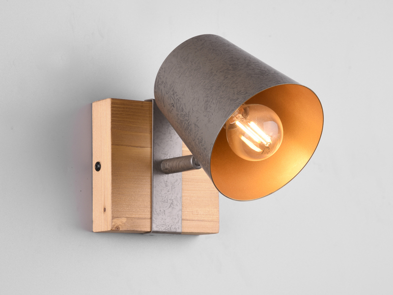 Wandstrahler BELL Silber antik & Gold mit Holz Industrial Style, Breite 11cm