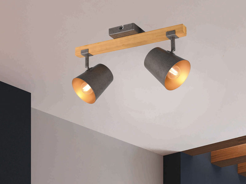 Deckenstrahler BELL 2-flammig mit Holz & Metall Lampenschirm Breite 42,5cm