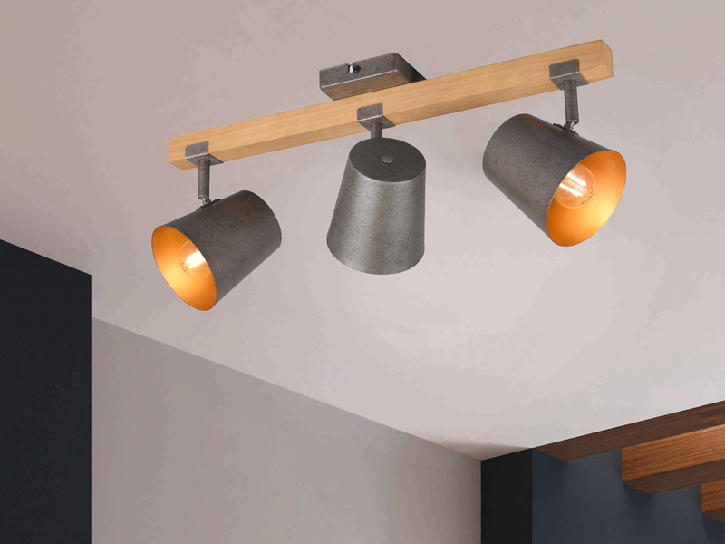 Deckenstrahler BELL 3-flammig mit Holz & Metall Lampenschirm Breite 54cm