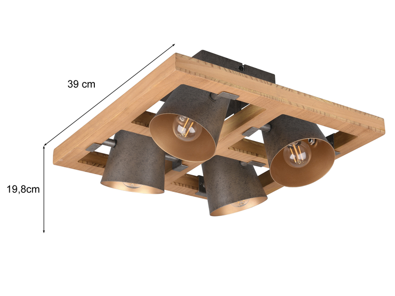 Deckenleuchte BELL mit Holz, 4 Metall Strahler schwenkbar, Quadrat 39cm