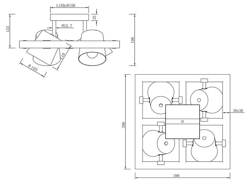 Deckenleuchte BELL mit Holz, 4 Metall Strahler schwenkbar, Quadrat 39cm