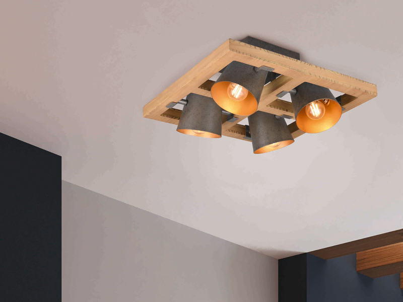 Deckenleuchte BELL mit Holz, 4 Metall Strahler schwenkbar, Quadrat 39cm