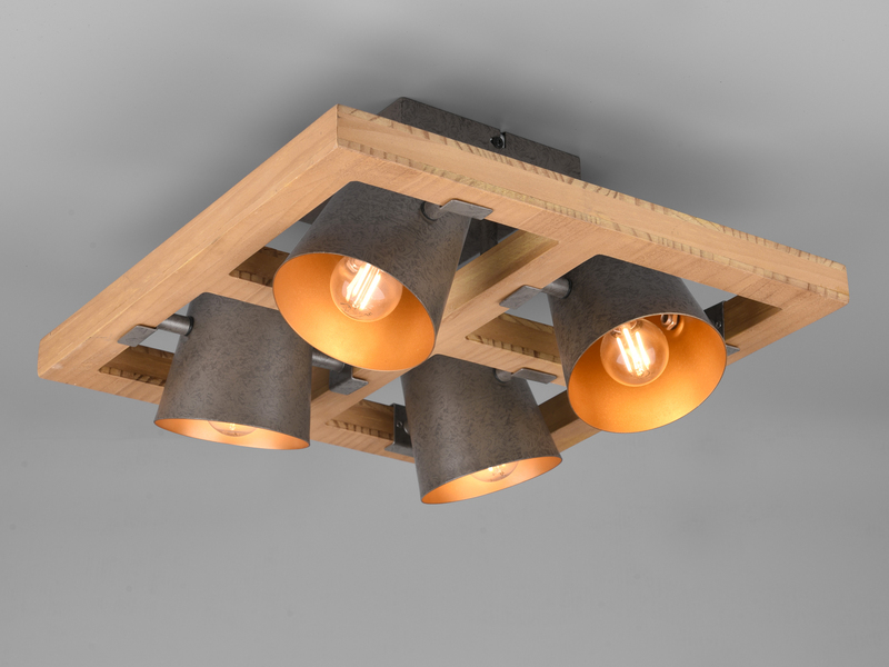 Deckenleuchte BELL mit Holz, 4 Metall Strahler schwenkbar, Quadrat 39cm