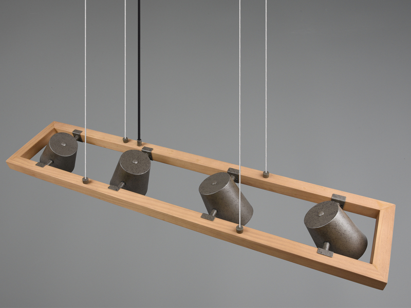 Pendelleuchte BELL 4-flammig Metallschirme schwenkbar im Holzrahmen, 100cm