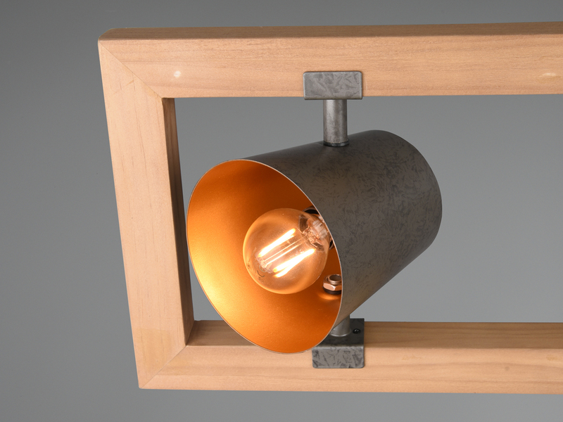 Pendelleuchte BELL 4-flammig Metallschirme schwenkbar im Holzrahmen, 100cm