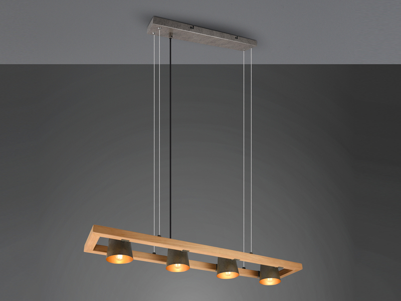 Pendelleuchte BELL 4-flammig Metallschirme schwenkbar im Holzrahmen, 100cm