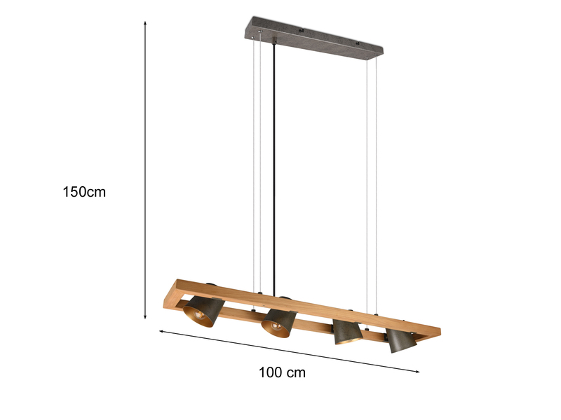 Pendelleuchte BELL 4 flammig Holzbalken & Metall Schirme schwenkbar, 100cm breit