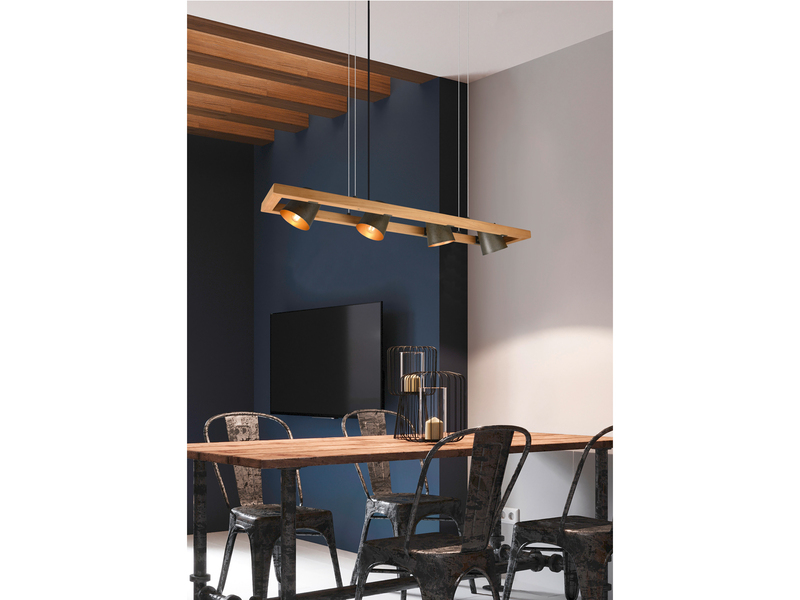 Pendelleuchte BELL mit Holz, 4-flammig Metallschirme schwenkbar Breite 100cm
