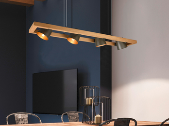 Pendelleuchte BELL mit Holz, 4-flammig Metallschirme schwenkbar Breite 100cm