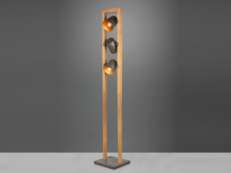Stehleuchte BELL 3-flammig Silber antik mit Holz im Industrial Style, Höhe:150cm