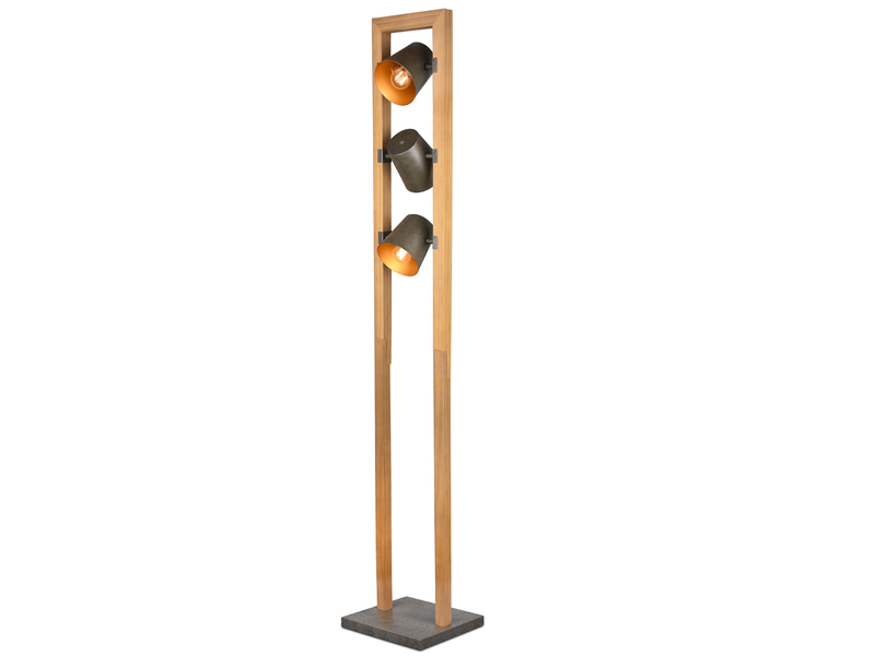 Stehlampe BELL mit Holz, 3 Metall Lampenschirme schwenkbar, Höhe 150cm