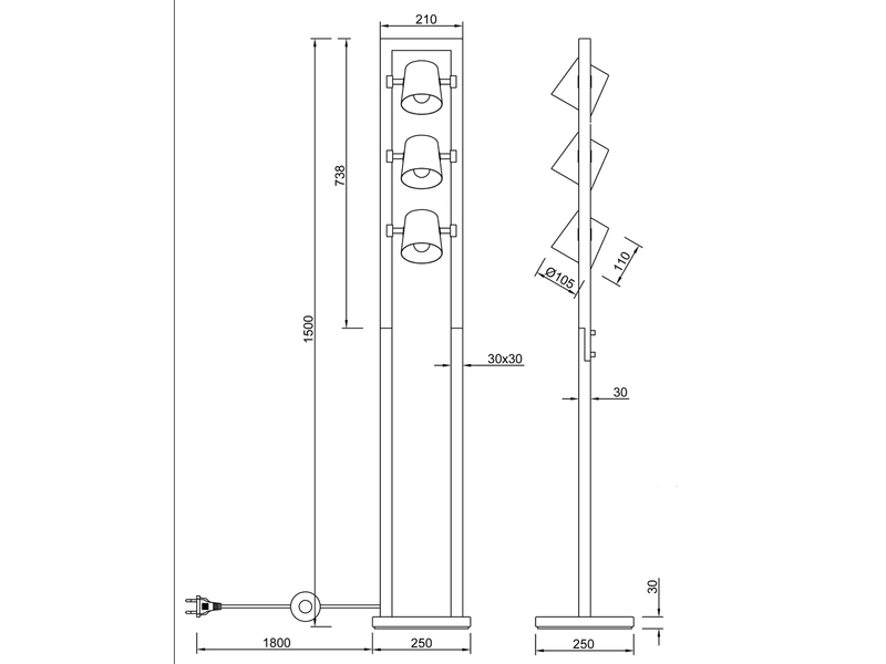 Stehlampe BELL mit Holz, 3 Metall Lampenschirme schwenkbar, Höhe 150cm