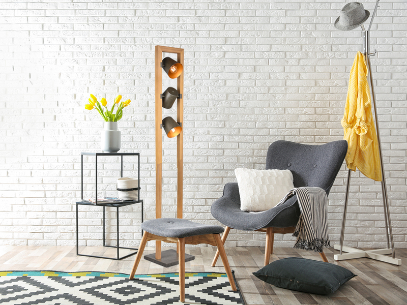 Stehleuchte BELL 3-flammig Silber antik mit Holz im Industrial Style, Höhe:150cm