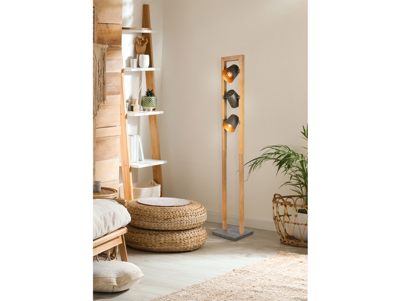 Stehleuchte BELL 3-flammig Silber antik mit Holz im Industrial Style, Höhe:150cm
