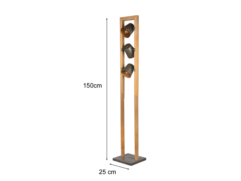 Stehleuchte BELL 3-flammig Silber antik mit Holz im Industrial Style, Höhe:150cm
