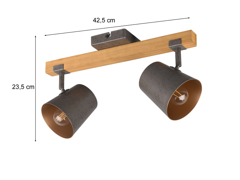 LED Deckenstrahler 2 flammig Silber antik & Gold mit Holz im Industrial Style