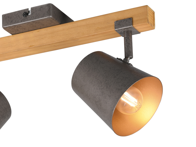 LED Deckenstrahler 2 flammig Silber antik & Gold mit Holz im Industrial Style