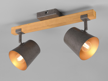 Deckenstrahler 2-flammig mit Holz, Metallschirme mit E14 LED, Breite 42,5cm