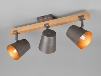 Deckenstrahler 3-flammig mit Holz, Metallschirme mit E14 LED, Breite 54cm