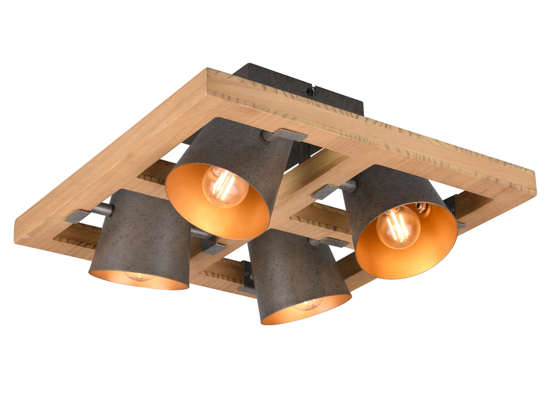 Deckenleuchte mit Holz, 4 Metall Strahler inkl. E14 LED, Quadrat 39cm
