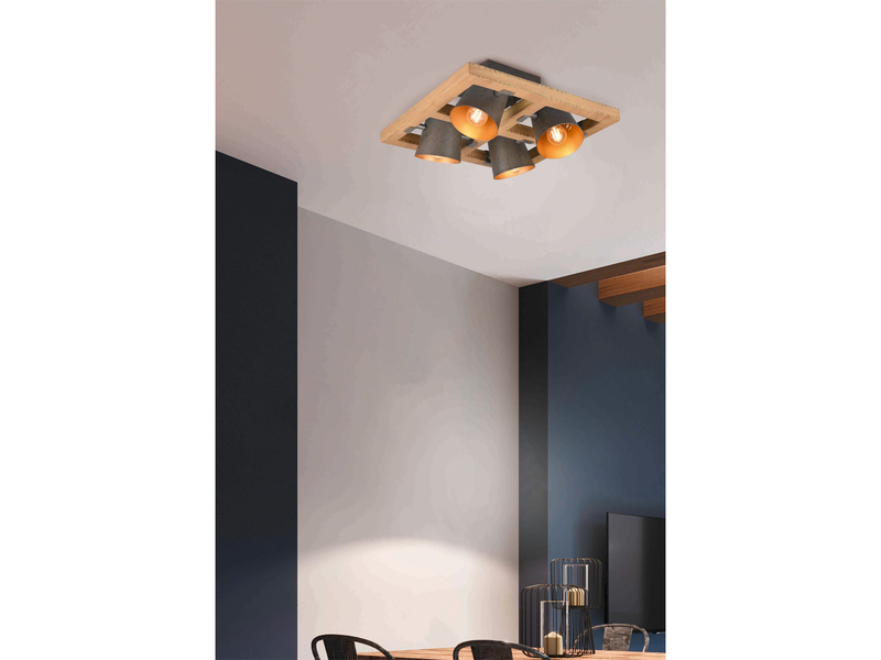Deckenleuchte mit Holz, 4 Metall Strahler inkl. E14 LED, Quadrat 39cm