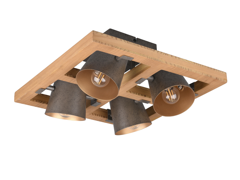 Deckenleuchte mit Holz, 4 Metall Strahler inkl. E14 LED, Quadrat 39cm
