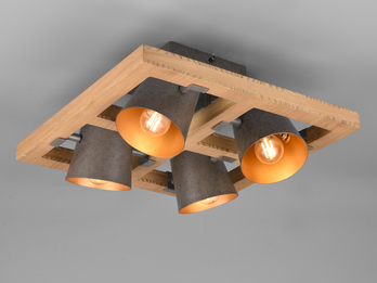 Deckenleuchte mit Holz, 4 Metall Strahler inkl. E14 LED, Quadrat 39cm
