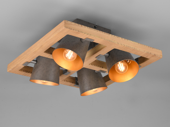 LED Deckenstrahler 4 flammig Silber antik & Gold mit Holz im Industrial Style