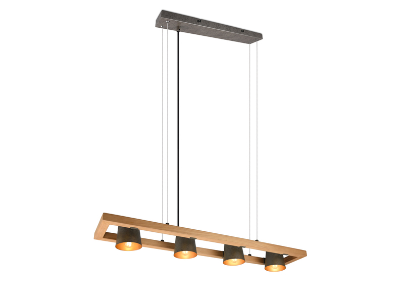 Pendelleuchte mit Holz, 4 Metallschirme schwenkbar inkl. E14 LED, Breite 100cm
