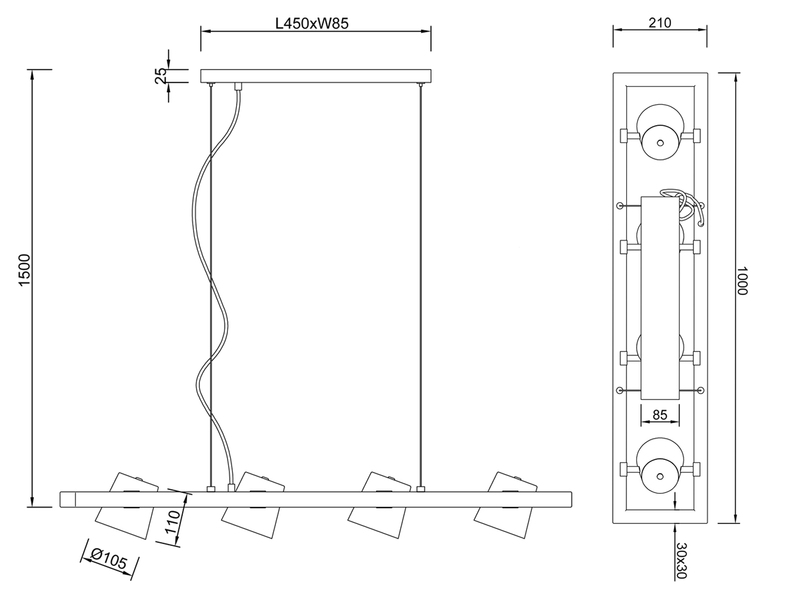 LED Pendelleuchte 4-flammig Metallschirme schwenkbar im Holzrahmen, B: 100cm