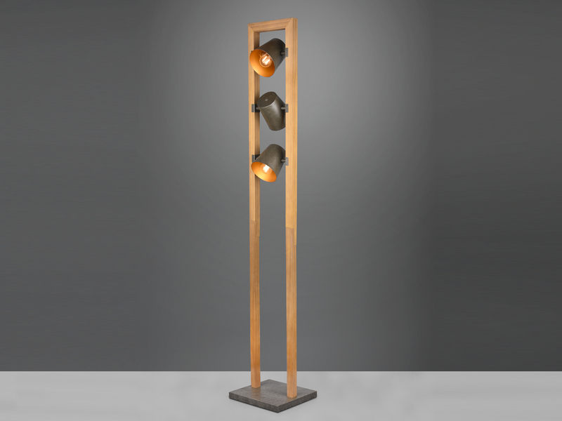 LED Stehleuchte 3-flammig Silber antik & Gold mit Holz im Industrial Style