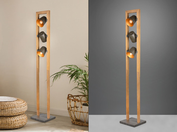 Stehlampe mit Holz, 3 Metallschirme schwenkbar inkl. E14 LED, Höhe 150cm