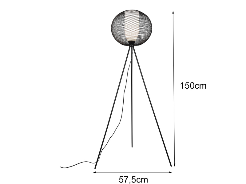 Tripod Stehlampe FILO Metall Gitterschirm Schwarz mit Glas Weiß 150cm