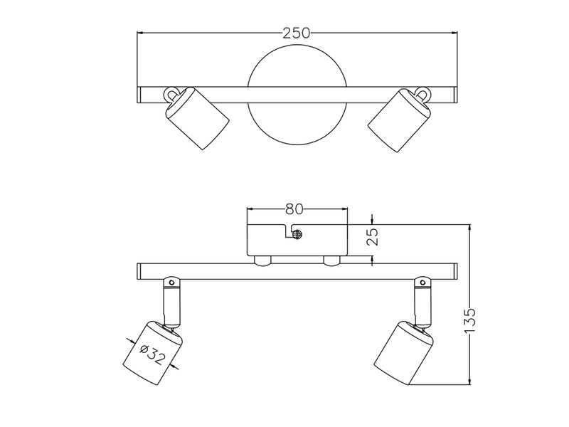Deckenstrahler PARIS 2-flammig Metall Schwarz, Breite 25cm