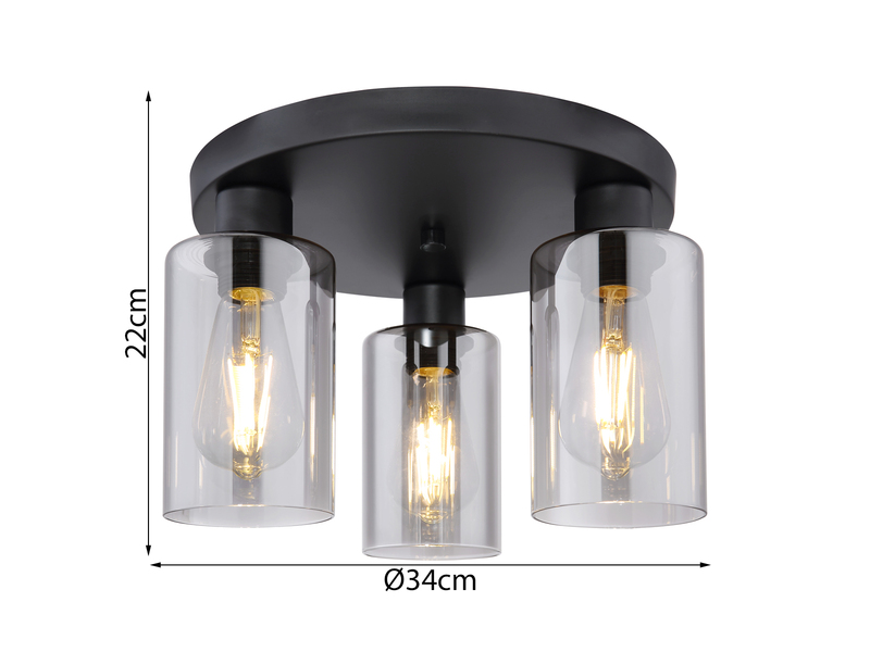 LED Deckenleuchte mit 3 Rauchglas Lampenschirmen Metall Schwarz, Ø 34cm