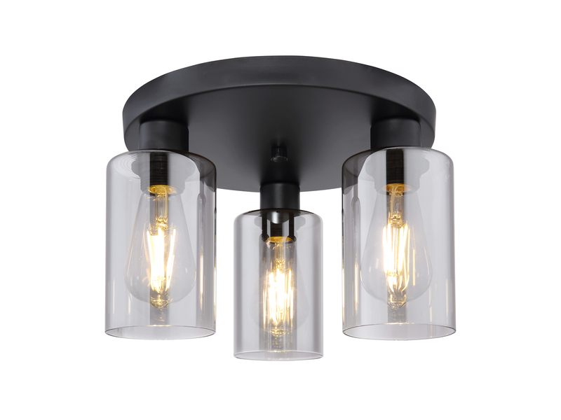 LED Deckenleuchte mit 3 Rauchglas Lampenschirmen Metall Schwarz, Ø 34cm