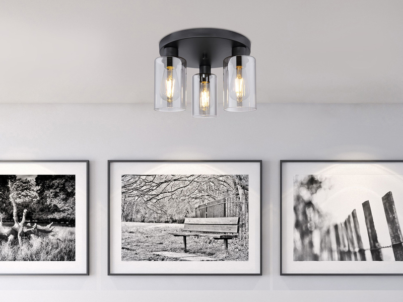 LED Deckenleuchte mit 3 Rauchglas Lampenschirmen Metall Schwarz, Ø 34cm