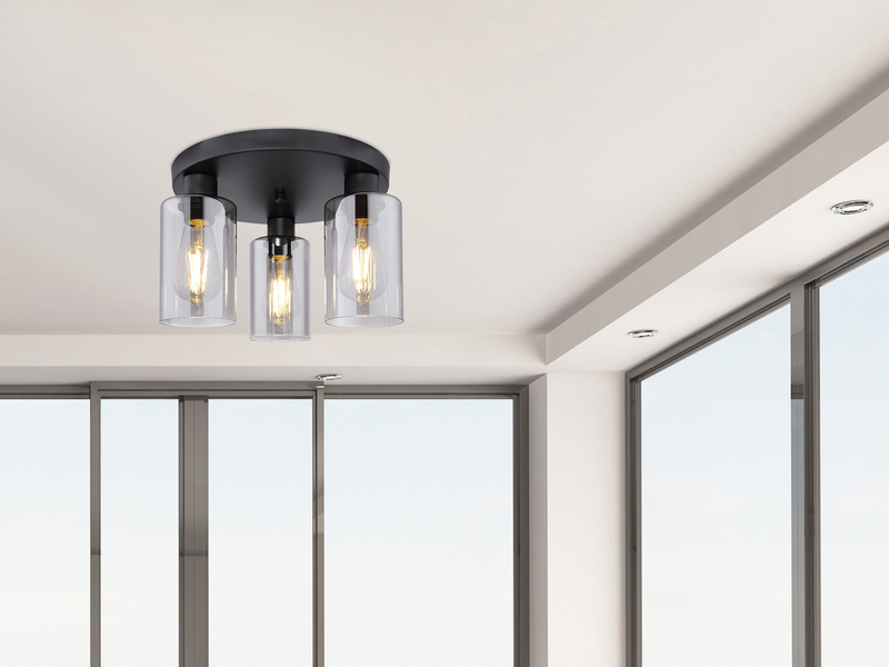 LED Deckenleuchte mit 3 Rauchglas Lampenschirmen Metall Schwarz, Ø 34cm