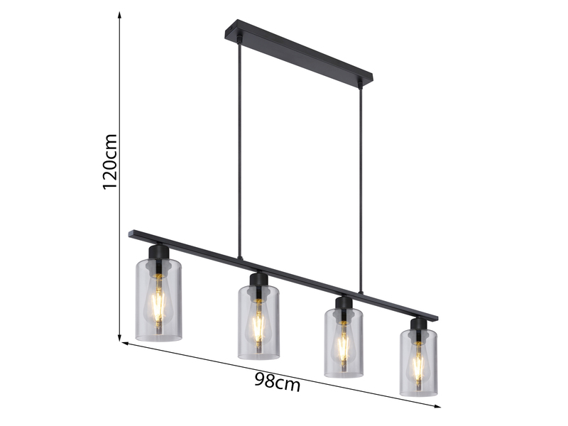 LED Balkenpendelleuchte mit 4 Rauchglas Lampenschirmen, Metall Schwarz