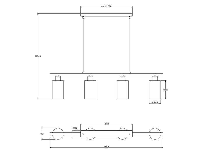 LED Balkenpendelleuchte mit 4 Rauchglas Lampenschirmen, Metall Schwarz