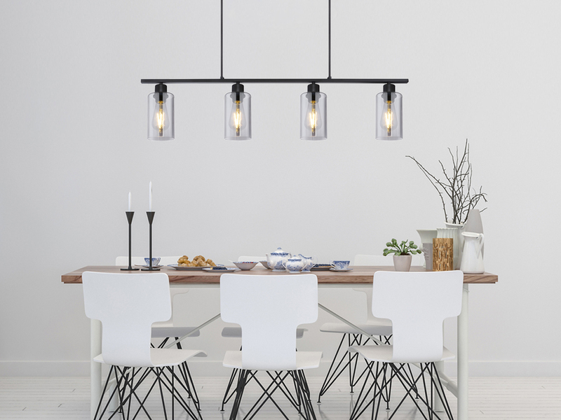 LED Balkenpendelleuchte mit 4 Rauchglas Lampenschirmen, Metall Schwarz