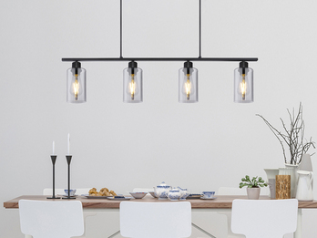 LED Pendelleuchte mit 4 Rauchglas Lampenschirmen, Metall Schwarz