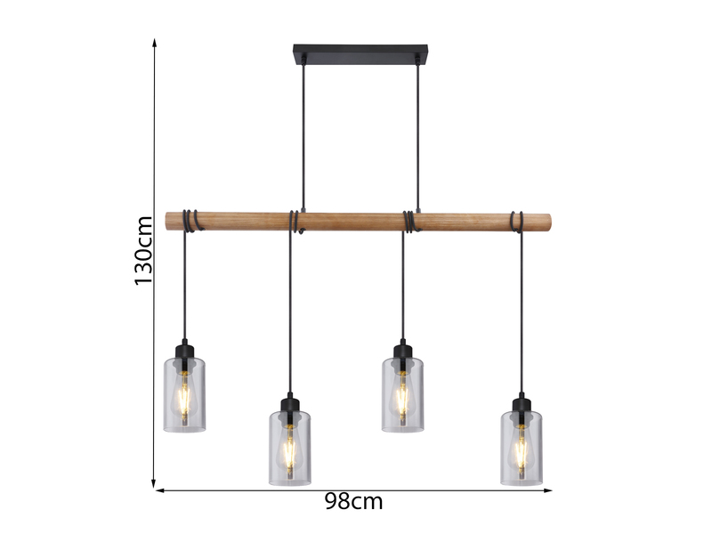 LED Holzbalken Pendelleuchte mit 4 Rauchglas Lampenschirmen